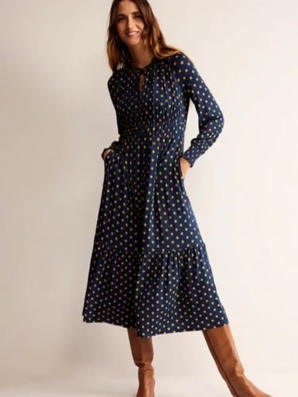 Boden Navy Polka Dot Long Sleeve Midi Dress US 12R